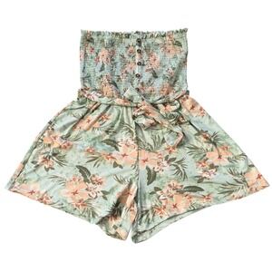 Full Circle Trends 2X Strapless Floral Sage Green Tropical Romper Tie Waist‎